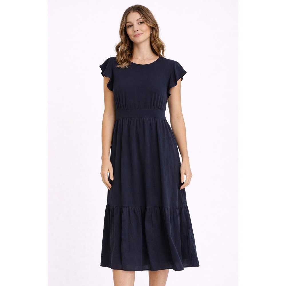 For Cynthia Navy Blue Flutter Sleeve Tiered‎ Midi Dress Womens Size Medium